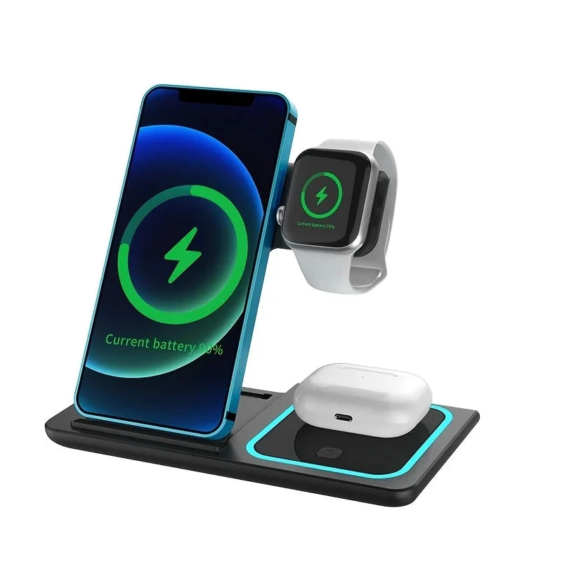 LED Wireless Charger 3 in 1 Foldable Charging Station For iPhone 16 15 14 13 12 11 Apple Watch 10 9 8 7 6 5 4 3 Airpods Pro/4/3