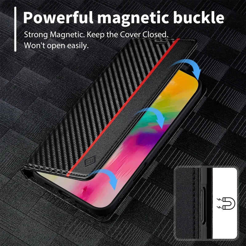 Luxury Flip Leather Phone Case For iPhone 16 15 14 13 Pro Max Plus 12 11 XS Carbon Fiber Texture Wallet Holder Protective Cover