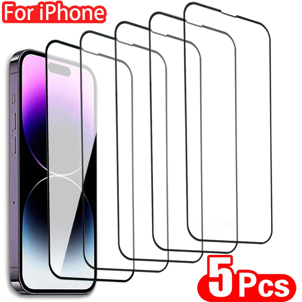 5Pcs Tempered Glass For iPhone 14 13 12 11 15 Pro XR XS Max iPhone 7 8Plus Full Cover Protective Glass Film