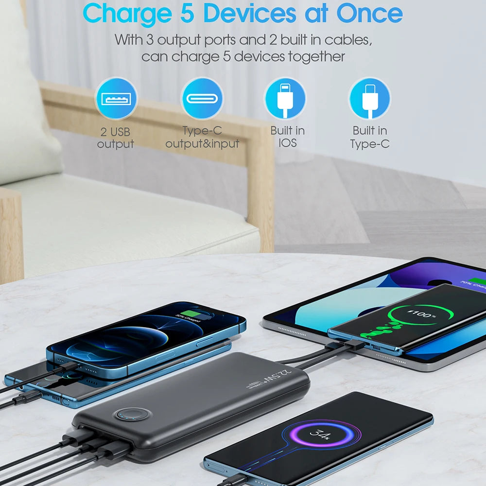 Portable-Charger Power-Bank Cell Battery Fast-Charging-12,000mAh with Built-in Cables,Compatible with iPhone Android Samsung etc