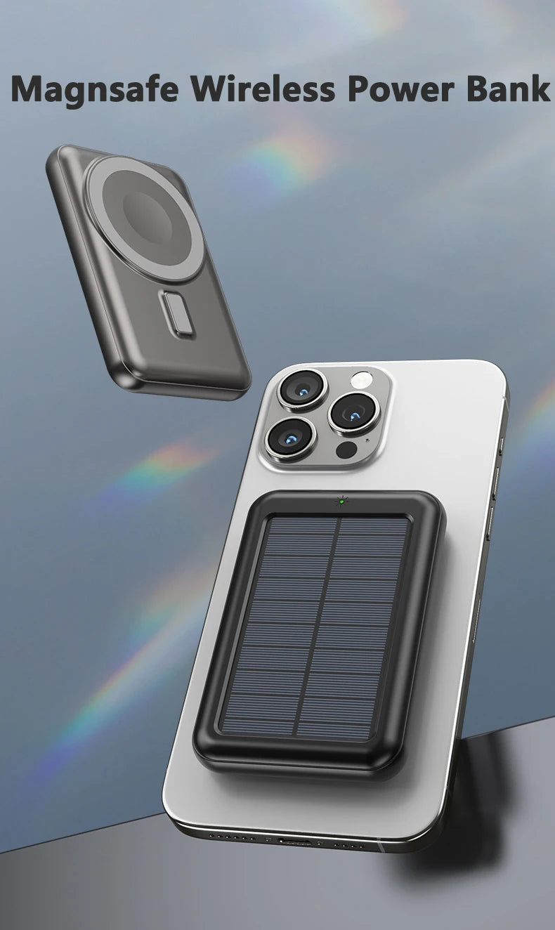 20000mAh Magnetic Wireless Charger Solar Power Bank Portable Charger Fast Charging Powerbank for iPhone 15 Xiaomi Huawei Samsung