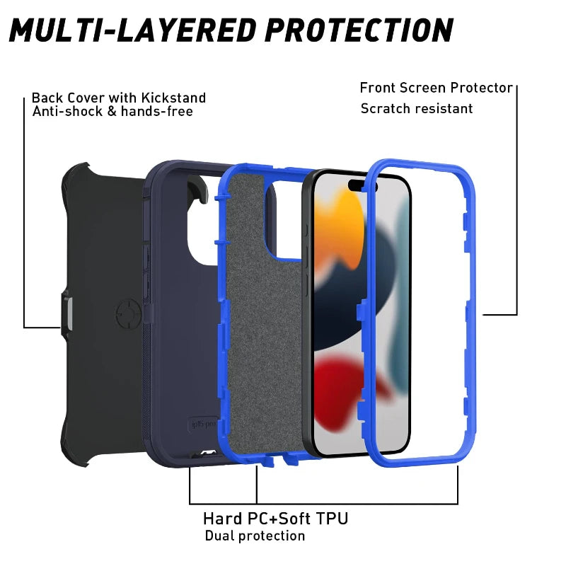 Shockproof Defender Armor Case for iPhone 16 14 13 12 11 15 Pro Max Plus Camera Protection Shockproof Case Kickstand Phone Cover