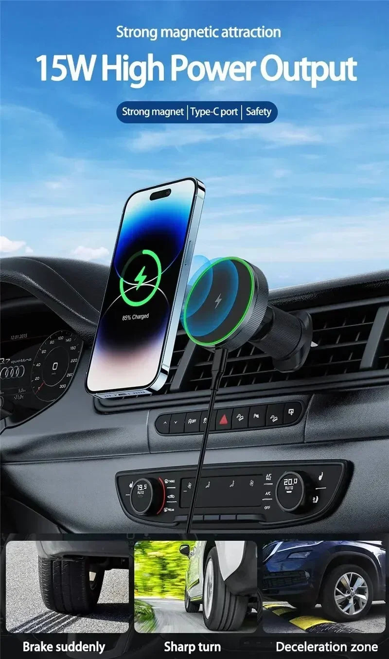 Qi2/Cooler Magnetic Wireless Car Charger LED Light Air Outlet Phone Holder for iPhone 16/15/14/13 Pro Max Fast Charging Station