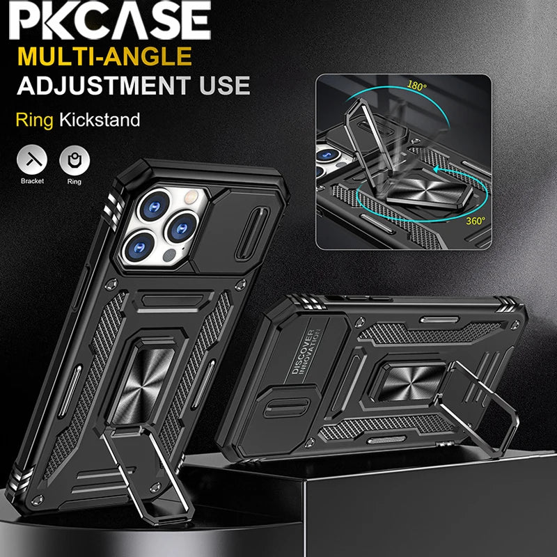 PKCASE Military Grade Protection Case For iPhone 16 15 14 13 Mini 12 11 Pro Max 7 8 Plus Slide Camera Protection Bracket Cover