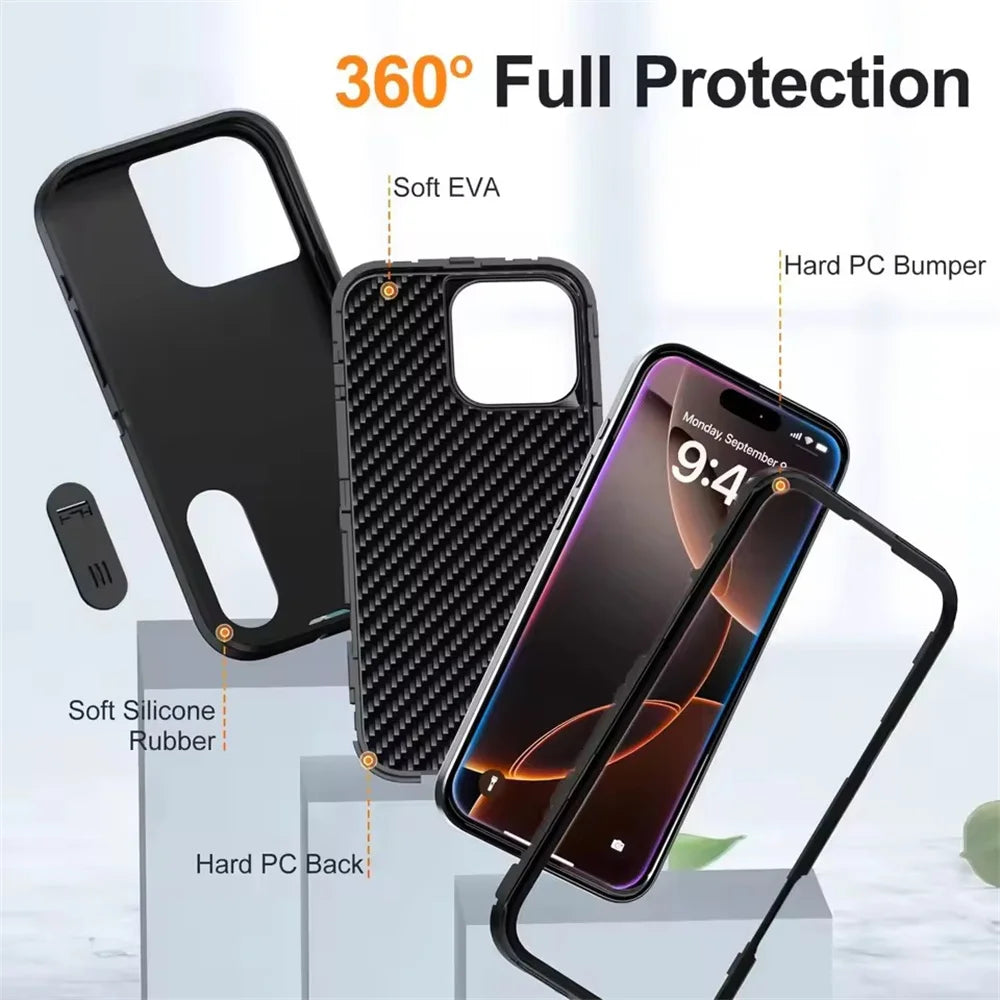 3IN1 Hybrid Military Anti-Shock Strong Case For iPhone 16 Pro Max 11 12 13 14 15 Pro Max 16 Plus 16E PC Hard Holder Phone Cover
