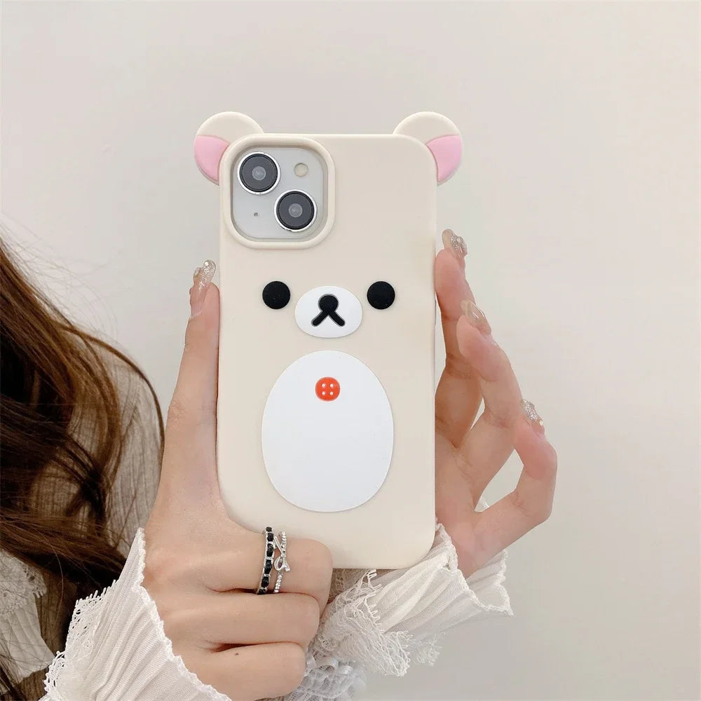 Cartoon Cute 3D Pink Ears Big Mouth Bear Silicone Soft Case for IPhone 12 13 14 15 16 Pro Max 11 15Pro 14Pro IPones Back Cover