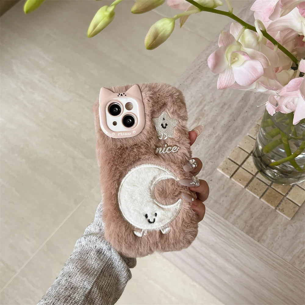 Soft Plush Cute Star Moon Phone Case For iPhone 14 15 16 Plus 13 Pro Max 11 12 Fluffy Warm Winter Furry Fur Cover