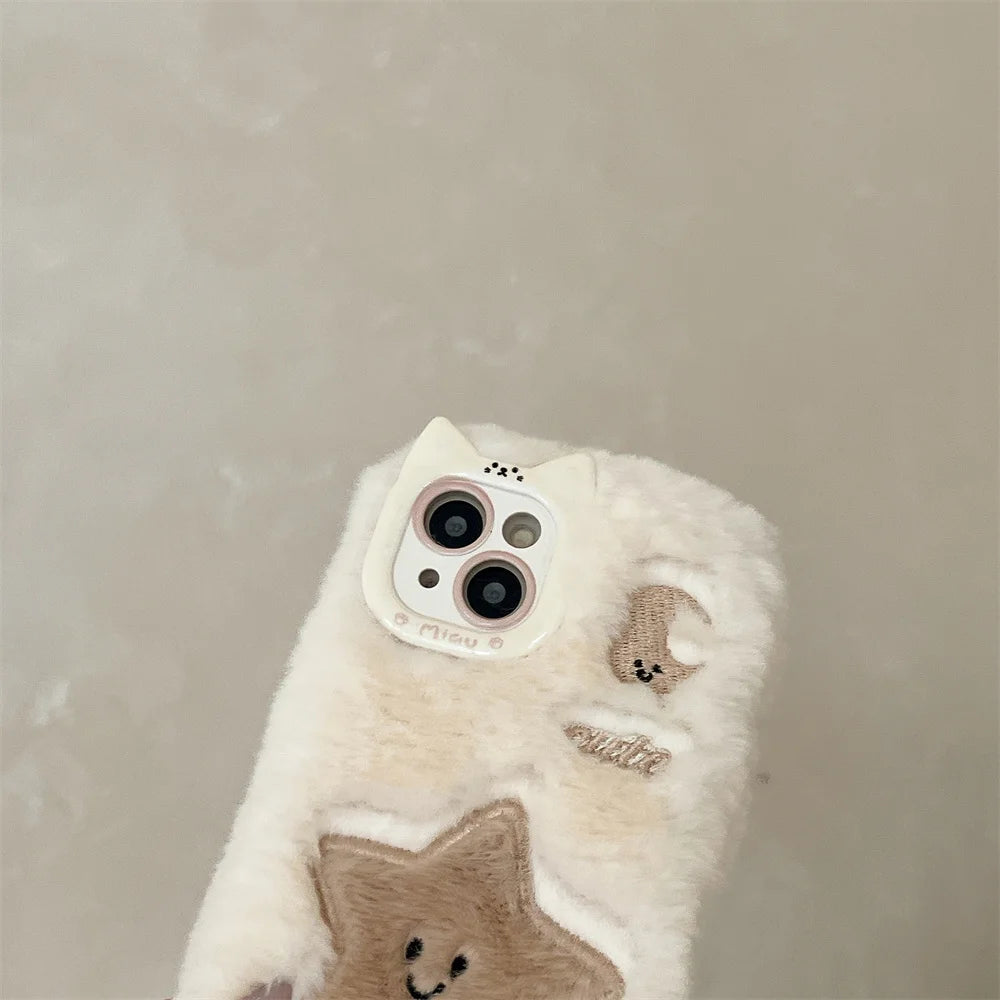 Soft Plush Cute Star Moon Phone Case For iPhone 14 15 16 Plus 13 Pro Max 11 12 Fluffy Warm Winter Furry Fur Cover