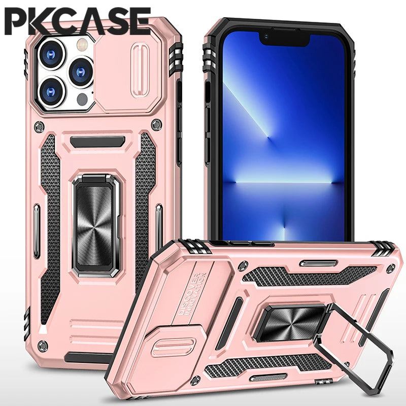 PKCASE Military Grade Protection Case For iPhone 16 15 14 13 Mini 12 11 Pro Max 7 8 Plus Slide Camera Protection Bracket Cover