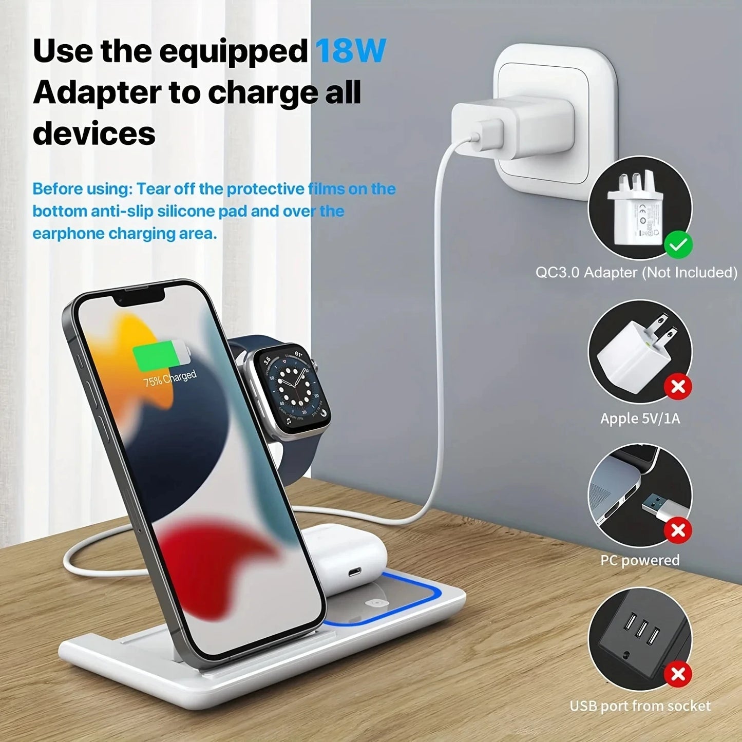 LED Wireless Charger 3 in 1 Foldable Charging Station For iPhone 16 15 14 13 12 11 Apple Watch 10 9 8 7 6 5 4 3 Airpods Pro/4/3