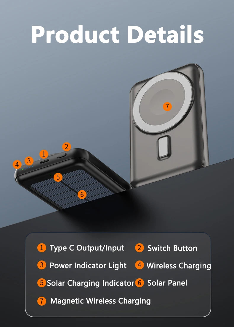 20000mAh Magnetic Wireless Charger Solar Power Bank Portable Charger Fast Charging Powerbank for iPhone 15 Xiaomi Huawei Samsung