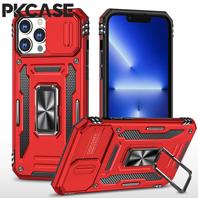 PKCASE Military Grade Protection Case For iPhone 16 15 14 13 Mini 12 11 Pro Max 7 8 Plus Slide Camera Protection Bracket Cover