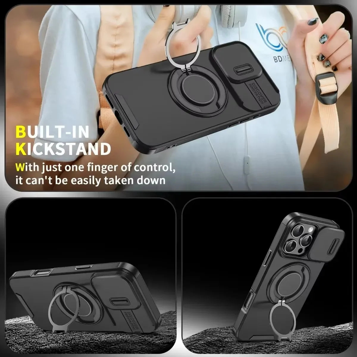 Armor Magnetic Bracket Case for iPhone 16 15 14 13 11 12 Pro Max Plus With Lanyard Slide Camera Protection Shockproof Cover