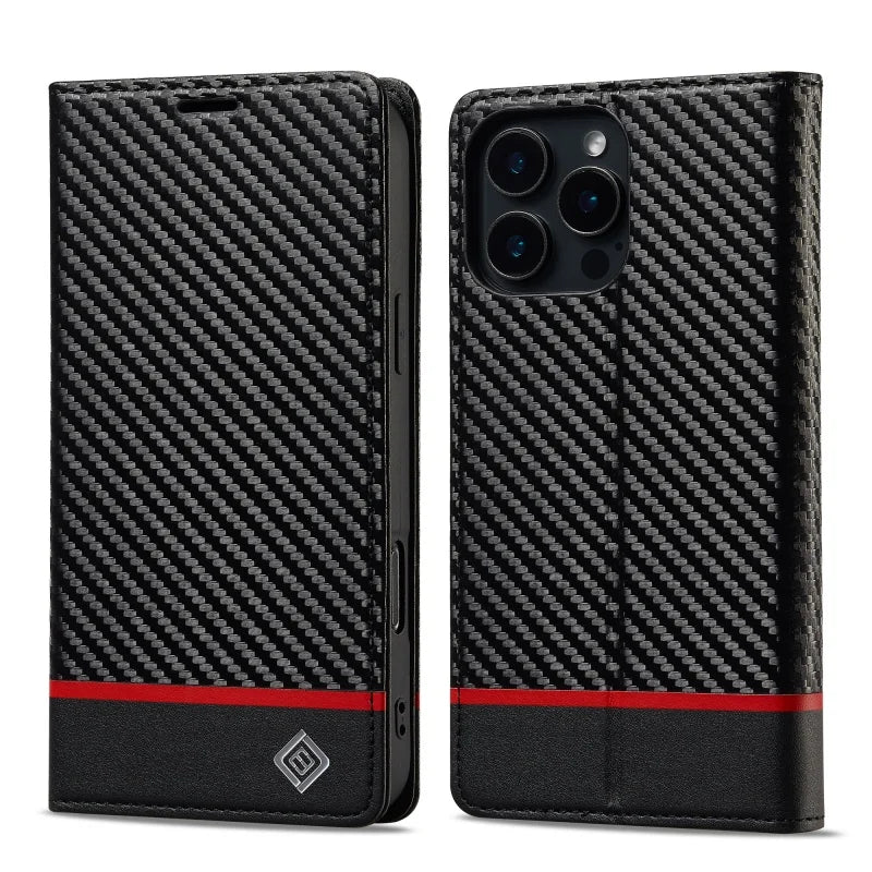 Luxury Flip Leather Phone Case For iPhone 16 15 14 13 Pro Max Plus 12 11 XS Carbon Fiber Texture Wallet Holder Protective Cover
