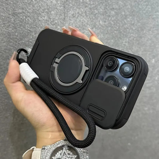 Armor Magnetic Bracket Case for iPhone 16 15 14 13 11 12 Pro Max Plus With Lanyard Slide Camera Protection Shockproof Cover