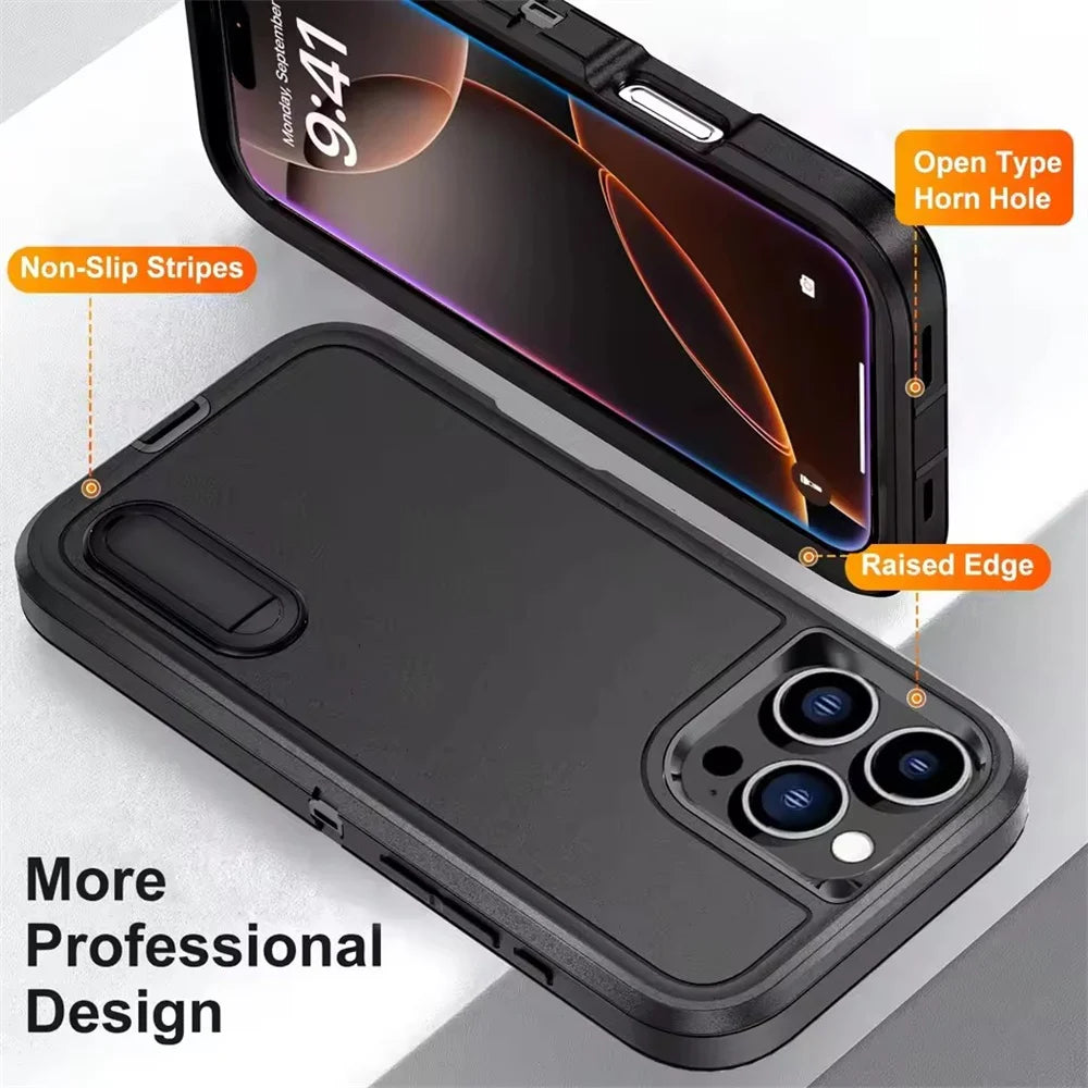 3IN1 Hybrid Military Anti-Shock Strong Case For iPhone 16 Pro Max 11 12 13 14 15 Pro Max 16 Plus 16E PC Hard Holder Phone Cover