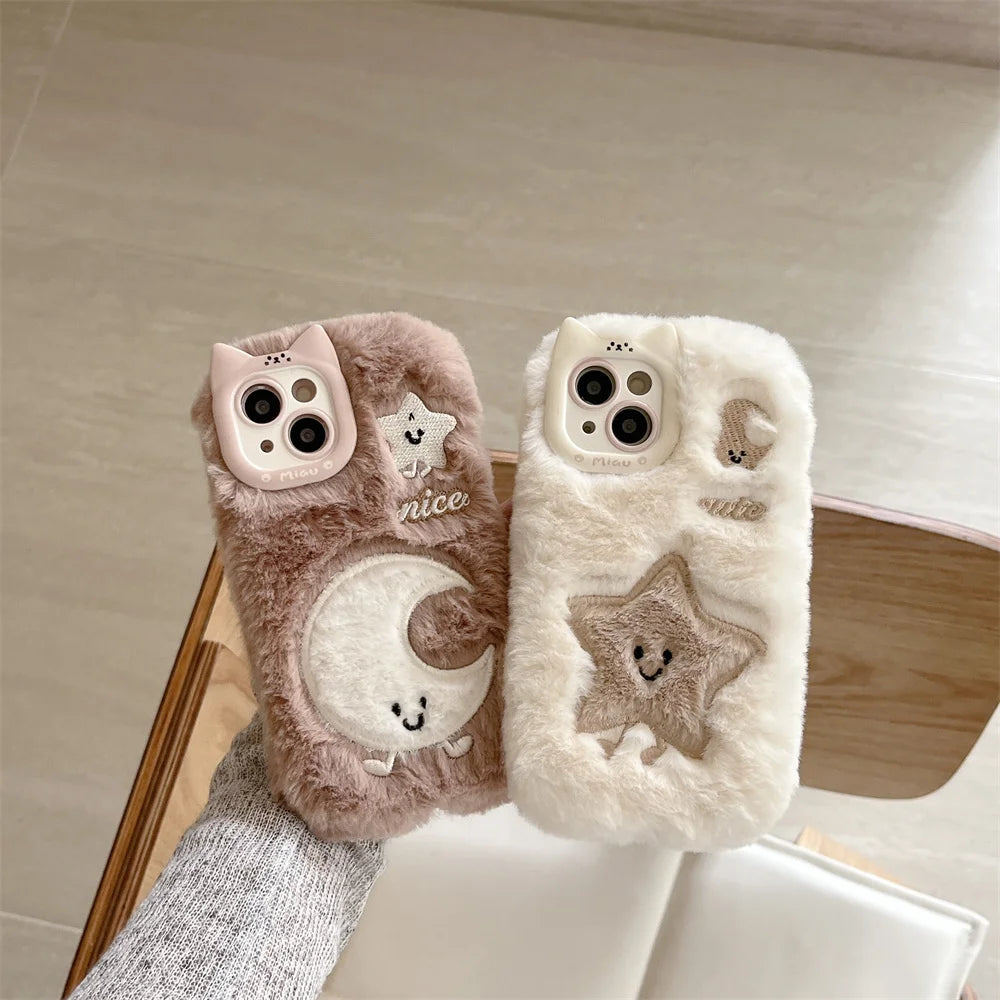 Soft Plush Cute Star Moon Phone Case For iPhone 14 15 16 Plus 13 Pro Max 11 12 Fluffy Warm Winter Furry Fur Cover