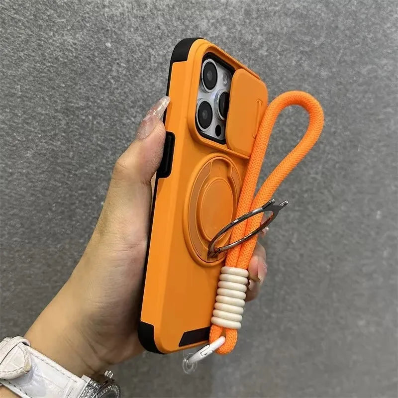 Armor Magnetic Bracket Case for iPhone 16 15 14 13 11 12 Pro Max Plus With Lanyard Slide Camera Protection Shockproof Cover