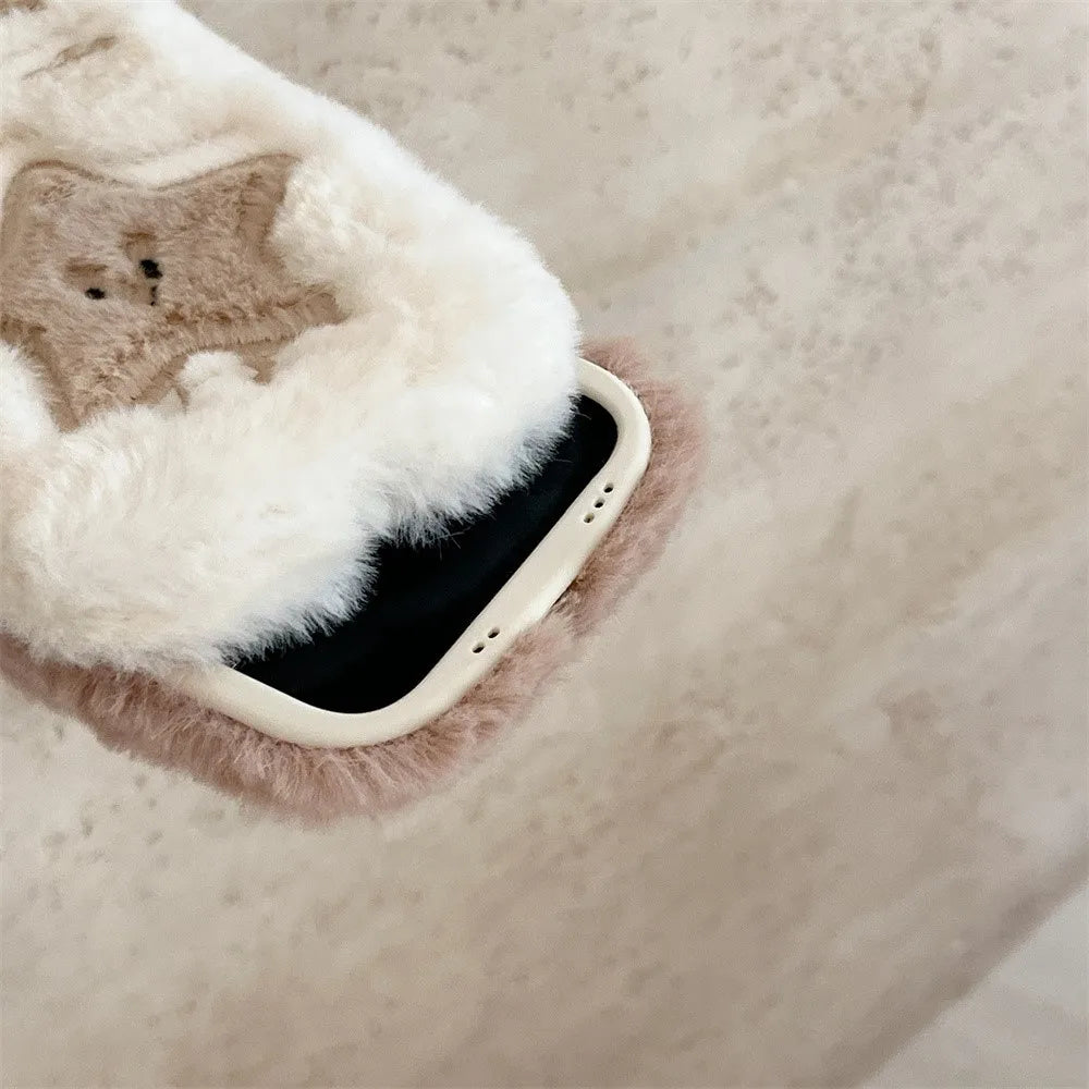 Soft Plush Cute Star Moon Phone Case For iPhone 14 15 16 Plus 13 Pro Max 11 12 Fluffy Warm Winter Furry Fur Cover