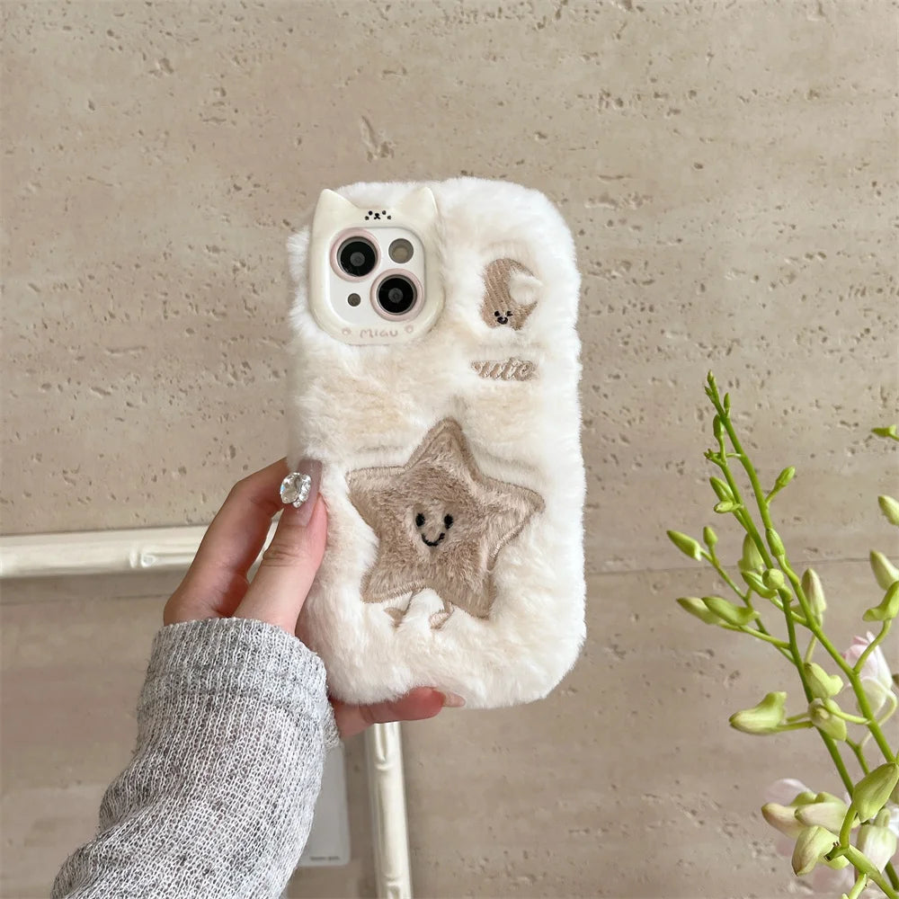 Soft Plush Cute Star Moon Phone Case For iPhone 14 15 16 Plus 13 Pro Max 11 12 Fluffy Warm Winter Furry Fur Cover