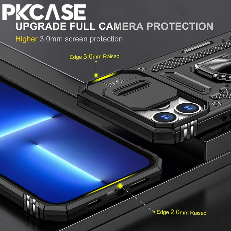 PKCASE Military Grade Protection Case For iPhone 16 15 14 13 Mini 12 11 Pro Max 7 8 Plus Slide Camera Protection Bracket Cover