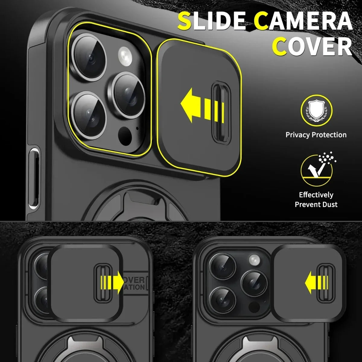 Armor Magnetic Bracket Case for iPhone 16 15 14 13 11 12 Pro Max Plus With Lanyard Slide Camera Protection Shockproof Cover