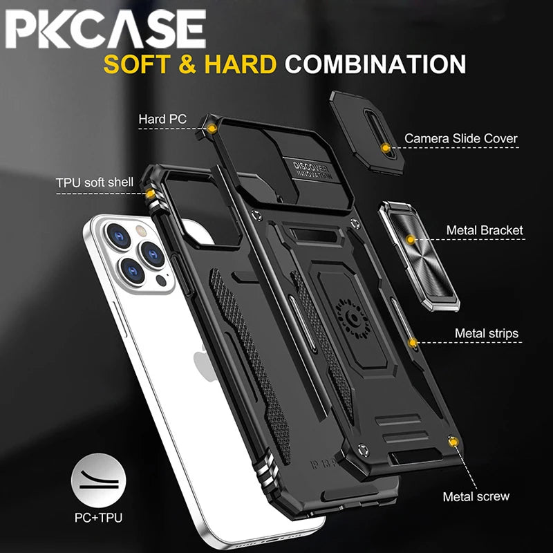 PKCASE Military Grade Protection Case For iPhone 16 15 14 13 Mini 12 11 Pro Max 7 8 Plus Slide Camera Protection Bracket Cover
