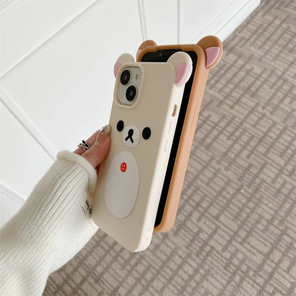 Cartoon Cute 3D Pink Ears Big Mouth Bear Silicone Soft Case for IPhone 12 13 14 15 16 Pro Max 11 15Pro 14Pro IPones Back Cover