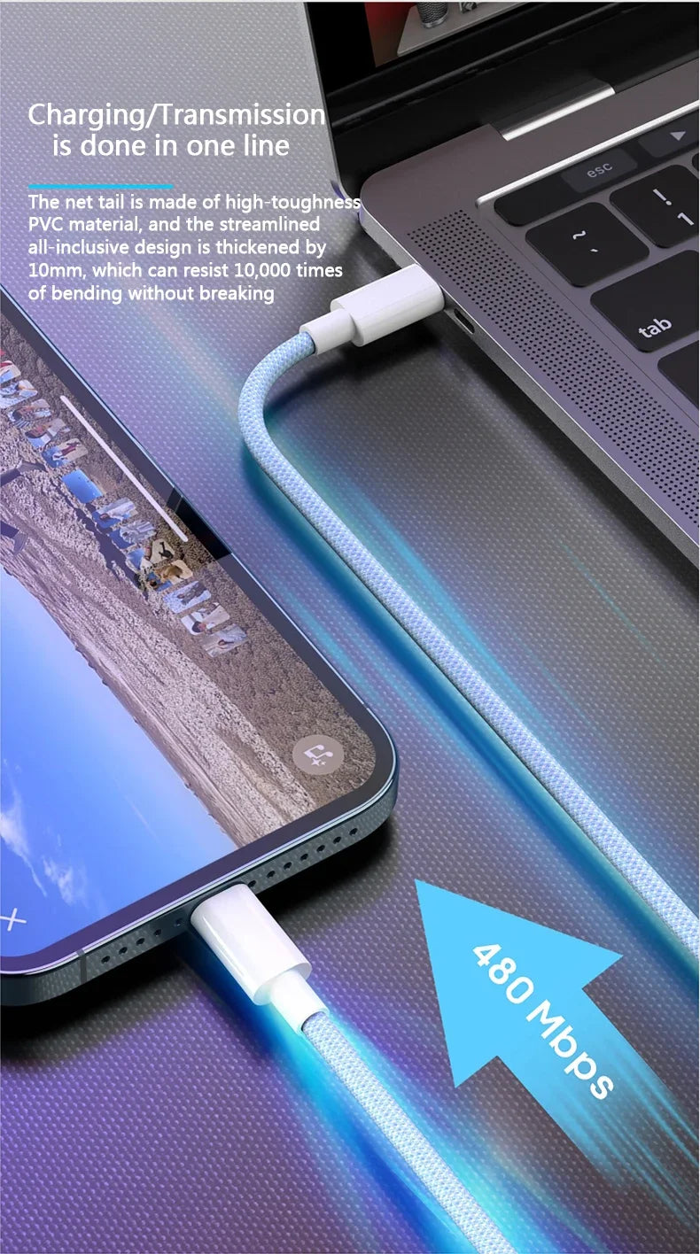 Braided USB-C To Lightning PD 20W Fast Charge Cable For iPhone X XR XS Max 11 12 13 14 Pro Max 6s 7 8 Plus Charging Data Cord