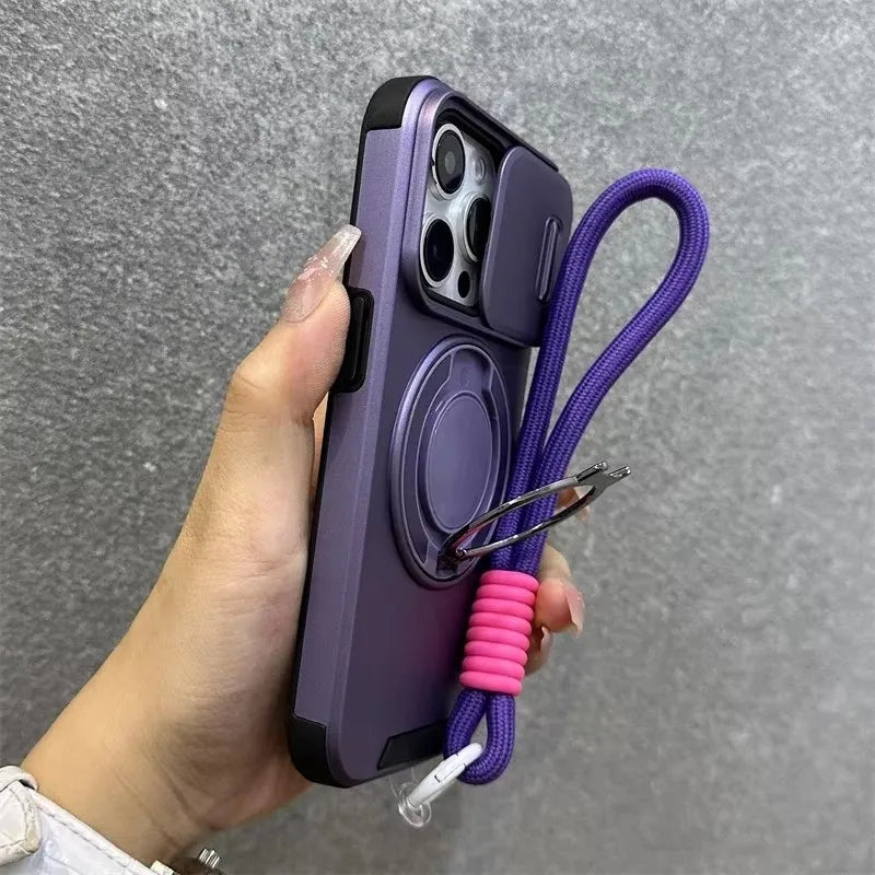 Armor Magnetic Bracket Case for iPhone 16 15 14 13 11 12 Pro Max Plus With Lanyard Slide Camera Protection Shockproof Cover