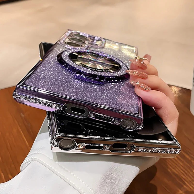 Luxury Glitter Magsafe Bracket Diamond Case for Samsung Galaxy S25 S24 Ultra S23 S22Plus A55 A35 A25 A24 A15 A05S Plating  Cover