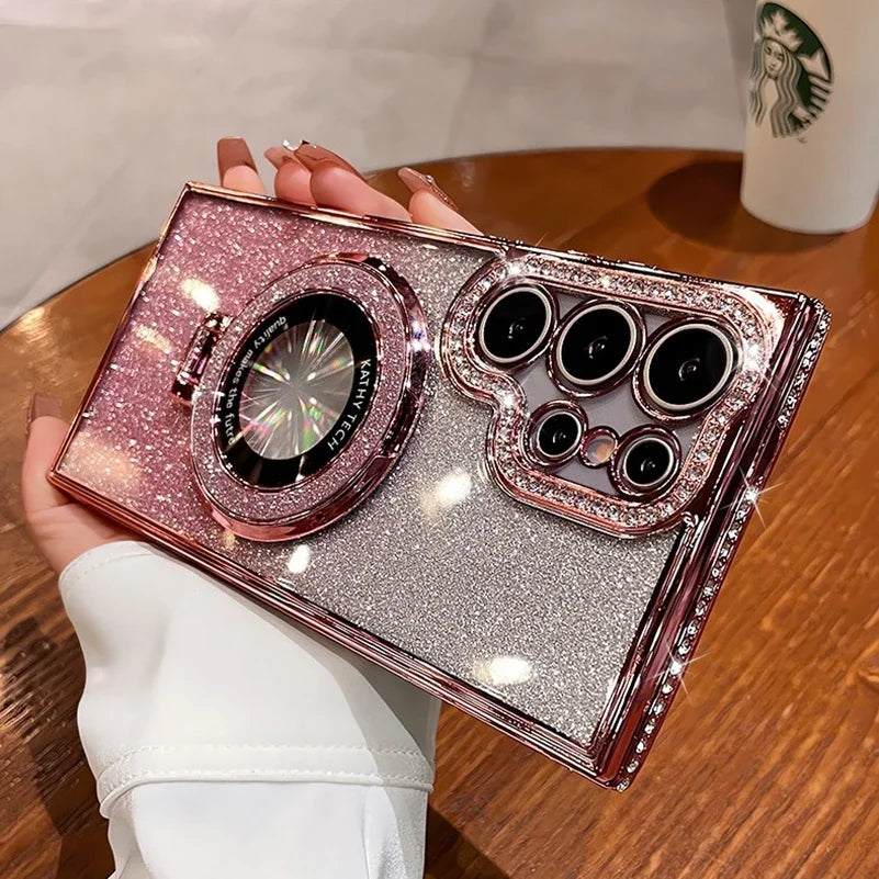 Luxury Glitter Magsafe Bracket Diamond Case for Samsung Galaxy S25 S24 Ultra S23 S22Plus A55 A35 A25 A24 A15 A05S Plating  Cover