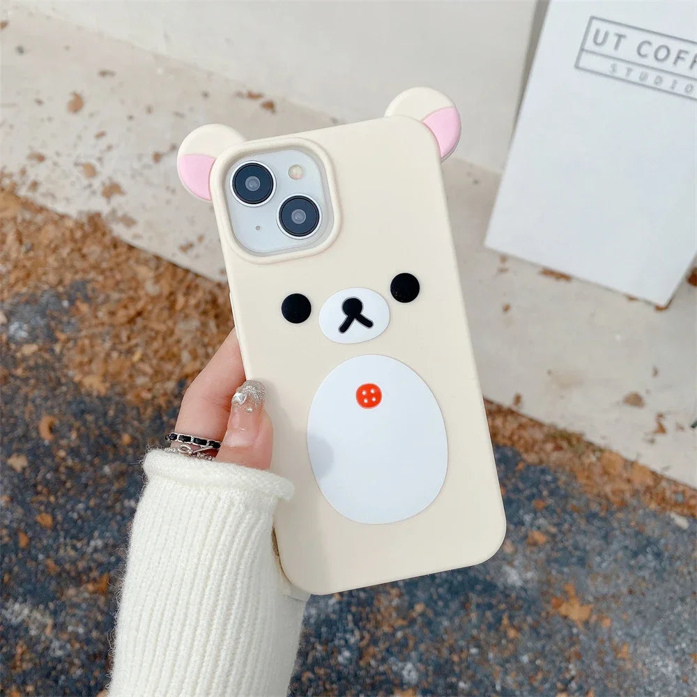 Cartoon Cute 3D Pink Ears Big Mouth Bear Silicone Soft Case for IPhone 12 13 14 15 16 Pro Max 11 15Pro 14Pro IPones Back Cover