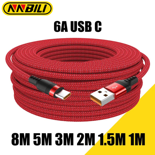 NNBILI 6A Extra Long Data Cable Nylon USB C Fast Charging Cable for Samsung Iphone Huawei Xiaomi Data Wire Cord Charger Cables 5m/8m