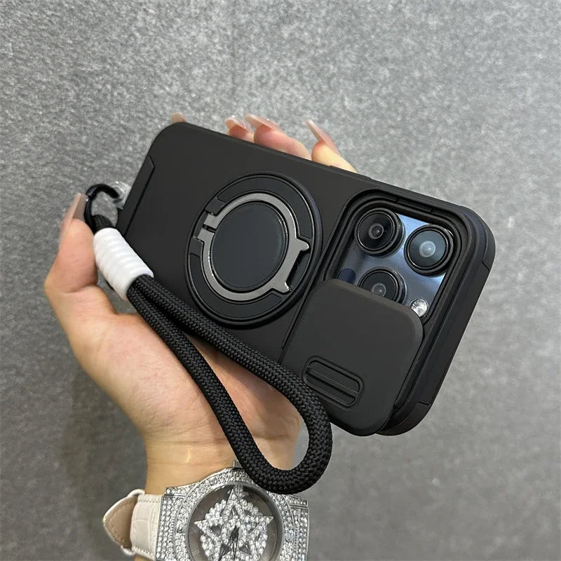 Armor Magnetic Bracket Case for iPhone 16 15 14 13 11 12 Pro Max Plus With Lanyard Slide Camera Protection Shockproof Cover
