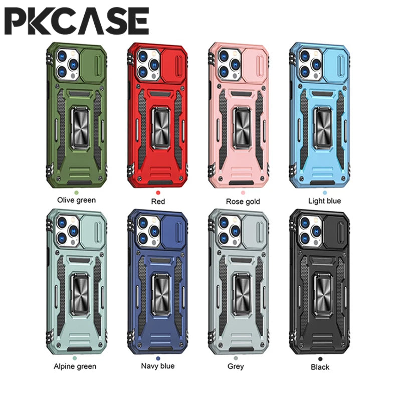 PKCASE Military Grade Protection Case For iPhone 16 15 14 13 Mini 12 11 Pro Max 7 8 Plus Slide Camera Protection Bracket Cover