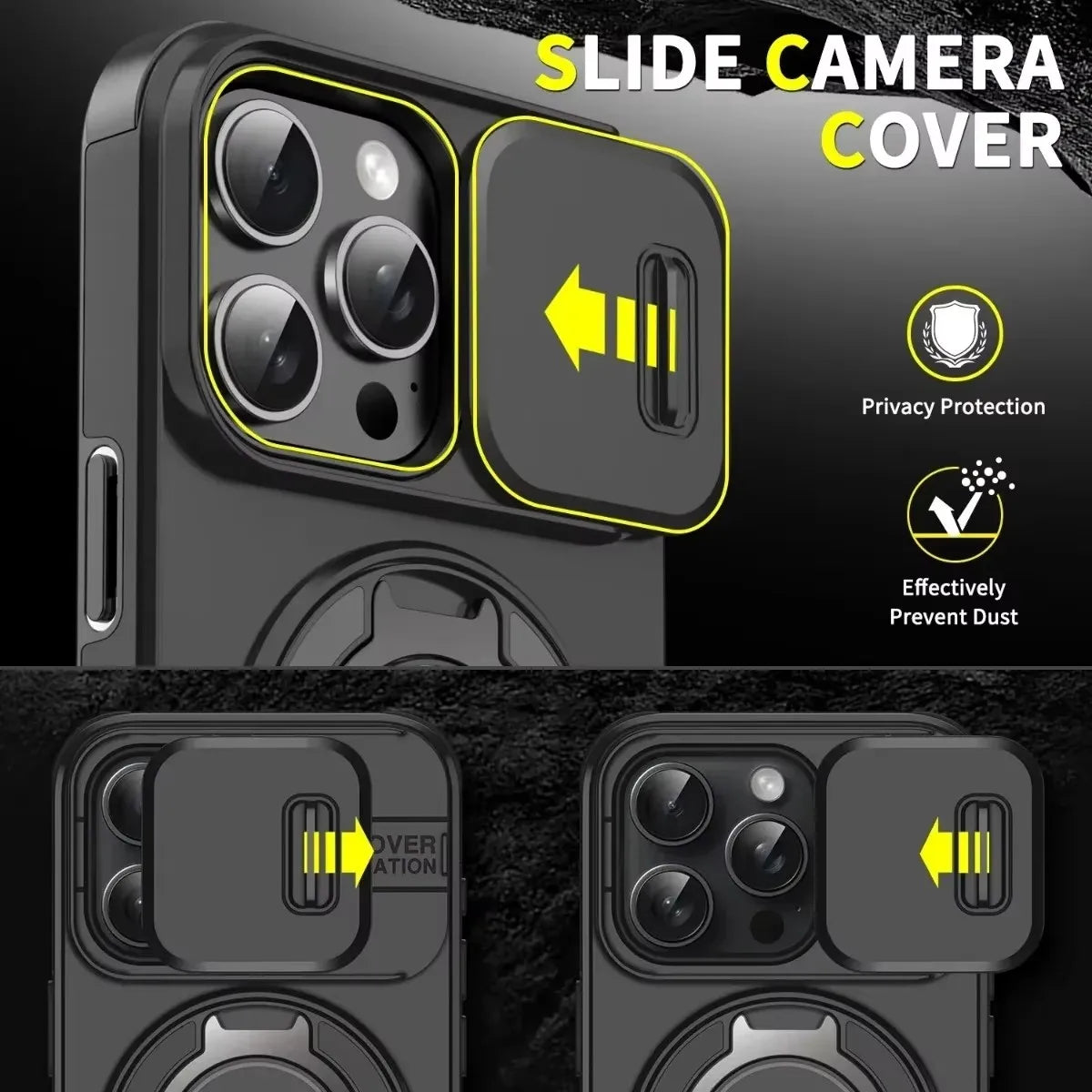 Armor Magnetic Bracket Case for iPhone 16 15 14 13 11 12 Pro Max Plus With Lanyard Slide Camera Protection Shockproof Cover