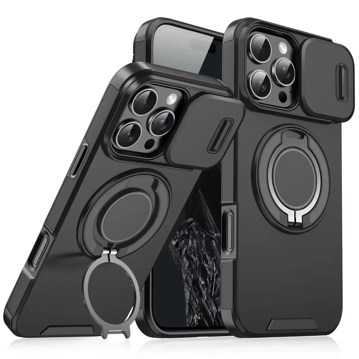 Armor Magnetic Bracket Case for iPhone 16 15 14 13 11 12 Pro Max Plus With Lanyard Slide Camera Protection Shockproof Cover