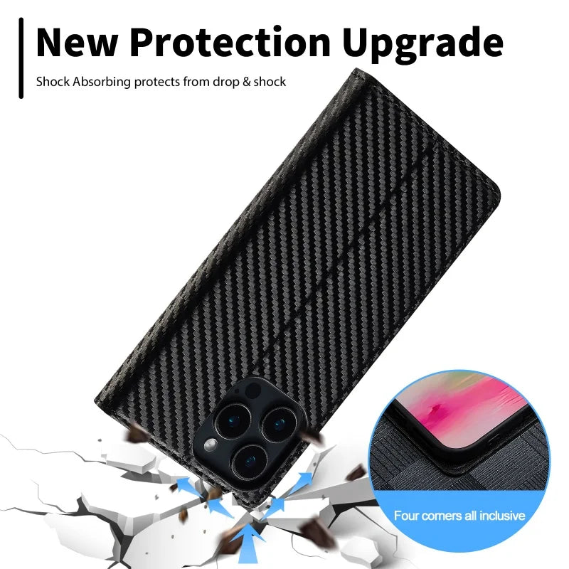 Luxury Flip Leather Phone Case For iPhone 16 15 14 13 Pro Max Plus 12 11 XS Carbon Fiber Texture Wallet Holder Protective Cover