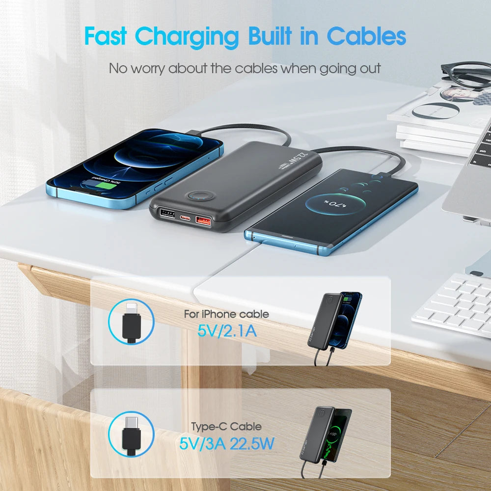 Portable-Charger Power-Bank Cell Battery Fast-Charging-12,000mAh with Built-in Cables,Compatible with iPhone Android Samsung etc