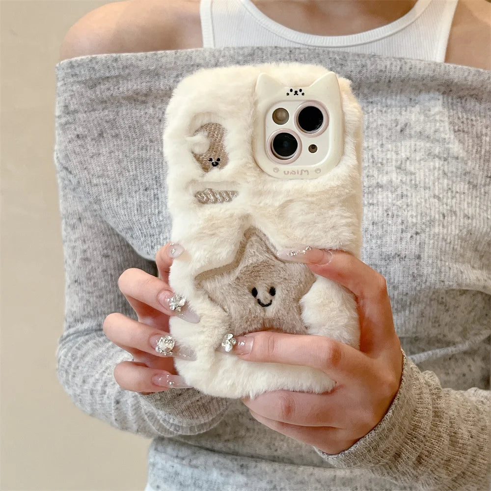 Soft Plush Cute Star Moon Phone Case For iPhone 14 15 16 Plus 13 Pro Max 11 12 Fluffy Warm Winter Furry Fur Cover