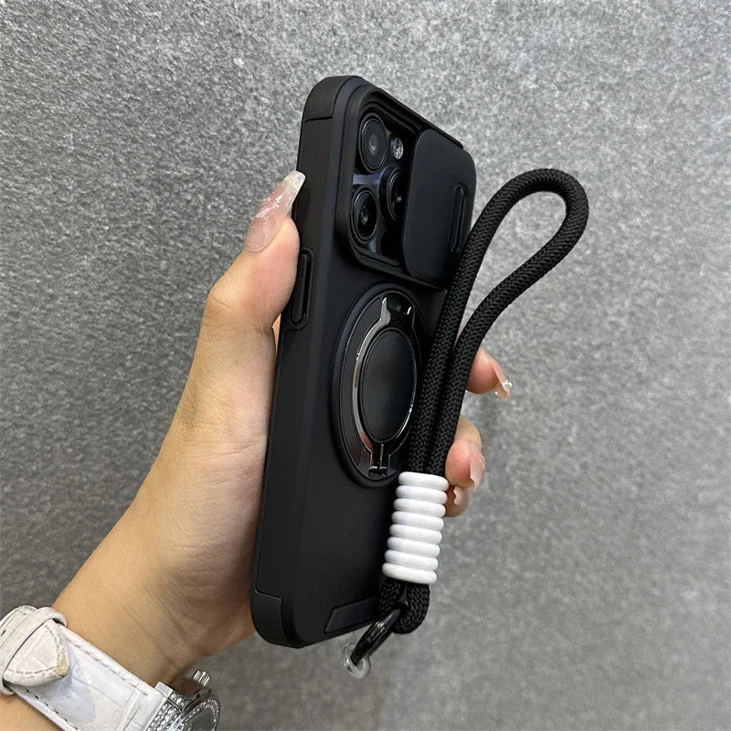 Armor Magnetic Bracket Case for iPhone 16 15 14 13 11 12 Pro Max Plus With Lanyard Slide Camera Protection Shockproof Cover