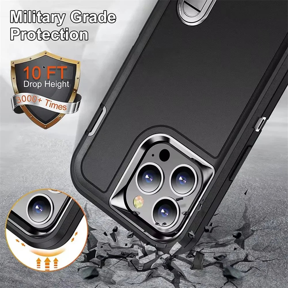 3IN1 Hybrid Military Anti-Shock Strong Case For iPhone 16 Pro Max 11 12 13 14 15 Pro Max 16 Plus 16E PC Hard Holder Phone Cover