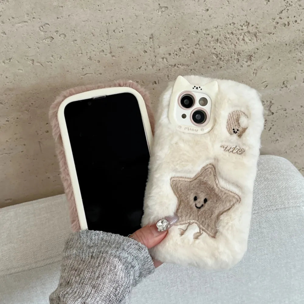 Soft Plush Cute Star Moon Phone Case For iPhone 14 15 16 Plus 13 Pro Max 11 12 Fluffy Warm Winter Furry Fur Cover
