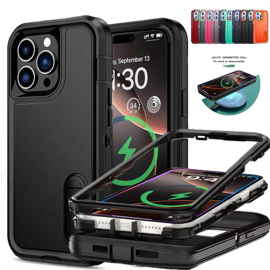 3IN1 Hybrid Military Anti-Shock Strong Case For iPhone 16 Pro Max 11 12 13 14 15 Pro Max 16 Plus 16E PC Hard Holder Phone Cover