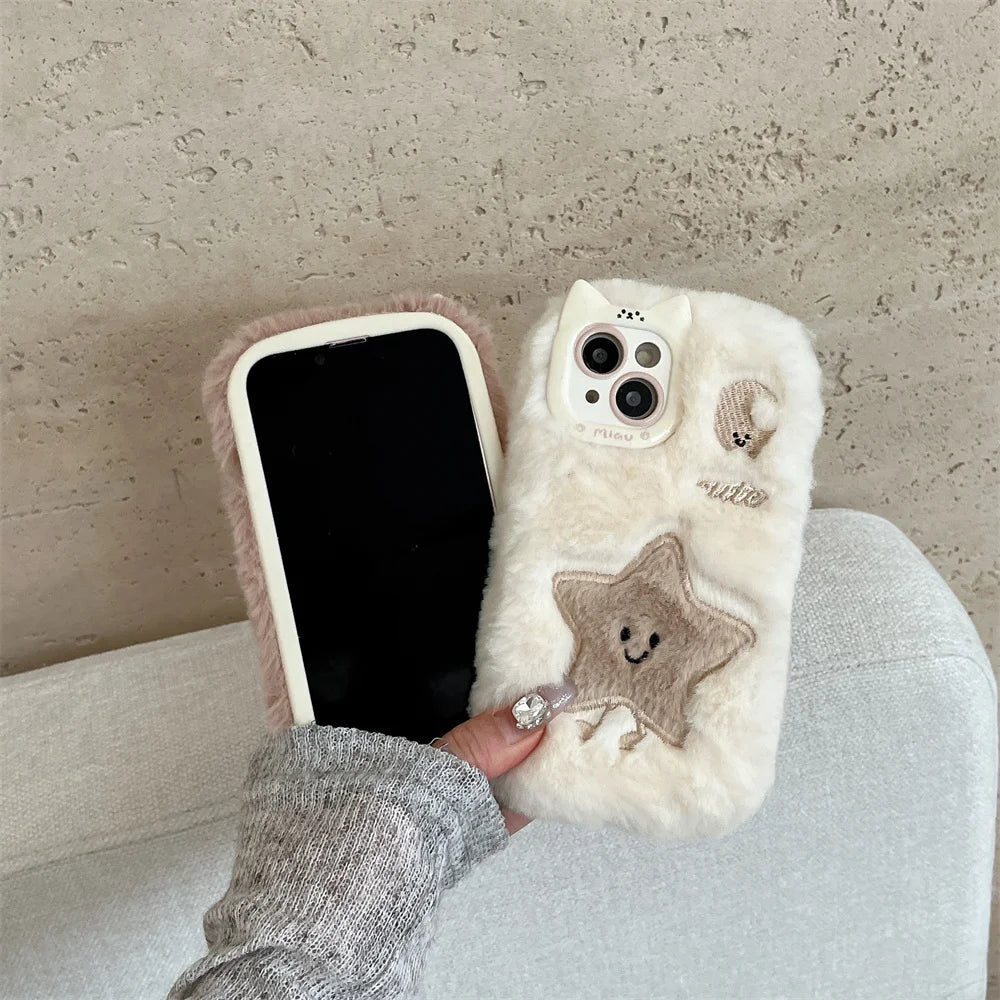 Soft Plush Cute Star Moon Phone Case For iPhone 14 15 16 Plus 13 Pro Max 11 12 Fluffy Warm Winter Furry Fur Cover