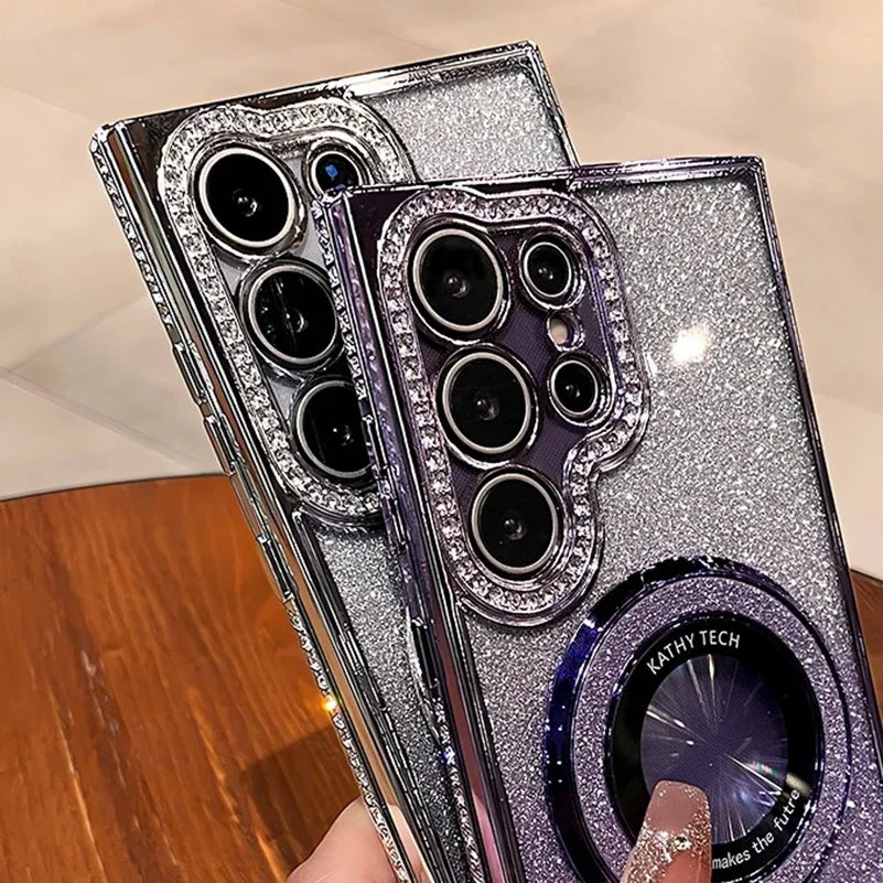 Luxury Glitter Magsafe Bracket Diamond Case for Samsung Galaxy S25 S24 Ultra S23 S22Plus A55 A35 A25 A24 A15 A05S Plating  Cover