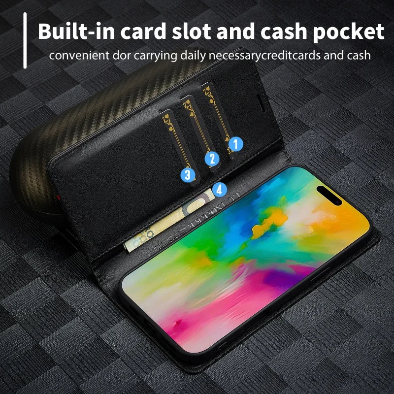 Luxury Flip Leather Phone Case For iPhone 16 15 14 13 Pro Max Plus 12 11 XS Carbon Fiber Texture Wallet Holder Protective Cover
