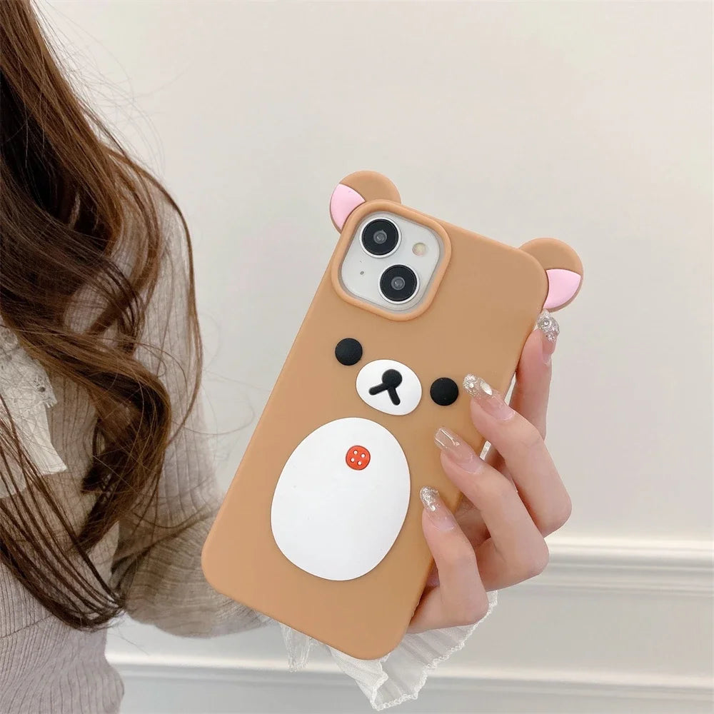 Cartoon Cute 3D Pink Ears Big Mouth Bear Silicone Soft Case for IPhone 12 13 14 15 16 Pro Max 11 15Pro 14Pro IPones Back Cover
