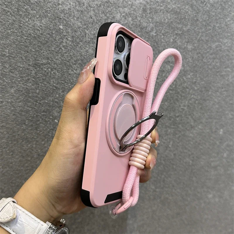 Armor Magnetic Bracket Case for iPhone 16 15 14 13 11 12 Pro Max Plus With Lanyard Slide Camera Protection Shockproof Cover